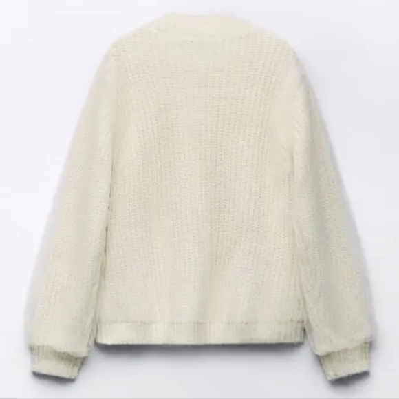 NWT ZARA Oversized Wool Blend Mixed Tulle & Pearl Knit Ecru White Sweater L - XL - Picture 6 of 7